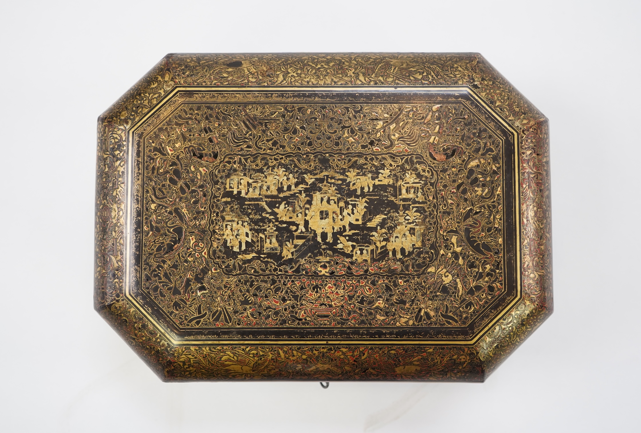 A Chinese export gilt decorated black lacquer sewing box, 19th century